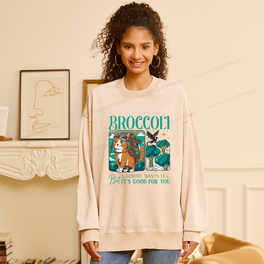 Pagewings Onyx Storm Broccoli Cat Unisex Washed Sweatshirt