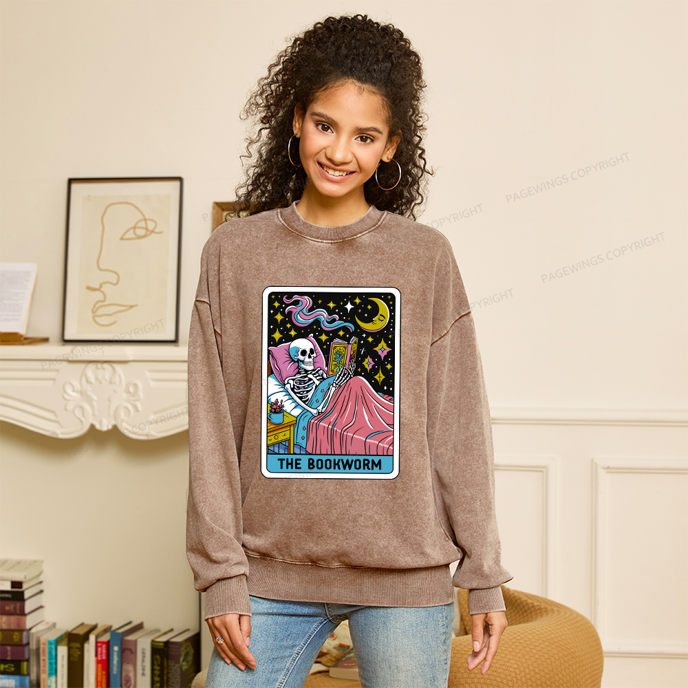 Pagewings The Bookworm Tarot Card Unisex Washed Sweatshirt