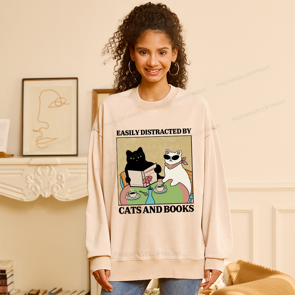 Pagewings Cats And Books Unisex Washed Sweatshirt