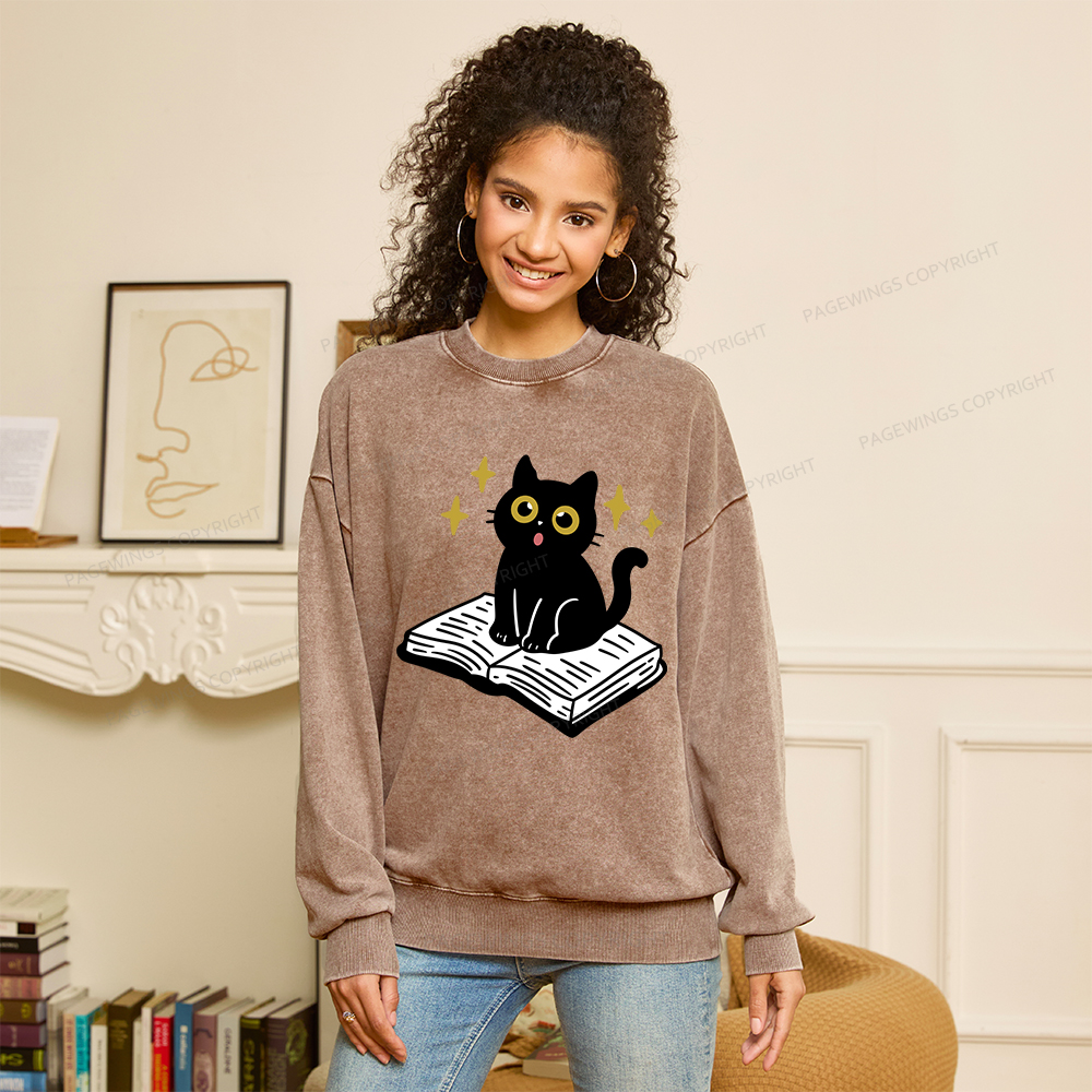 Pagewings Cat Book Unisex Washed Sweatshirt