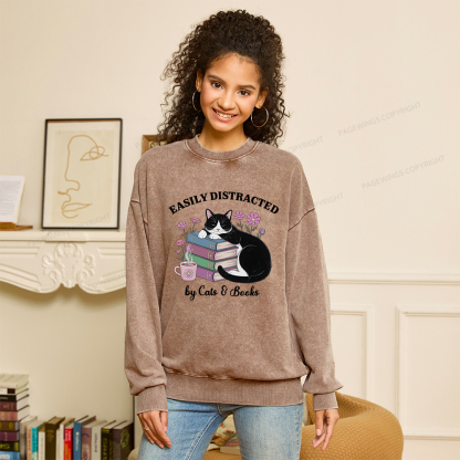 Pagewings Easily Distracted By Cats & Books Unisex Washed Sweatshirt