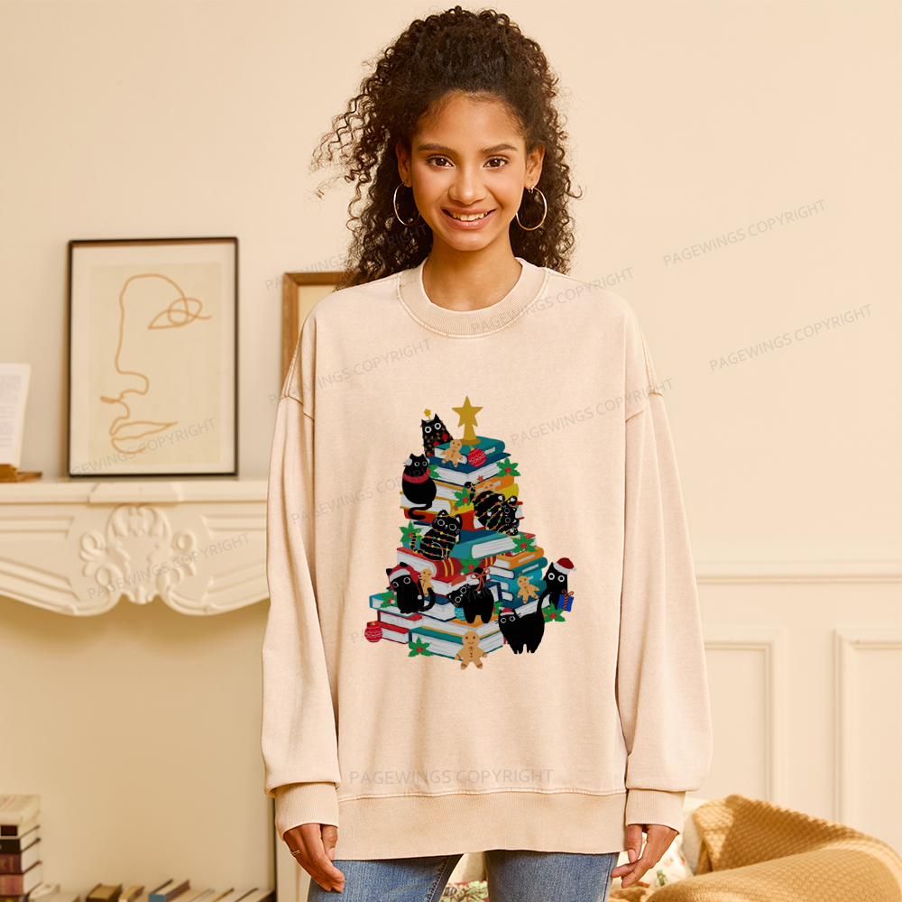 Pagewings Cute Cats Books Christmas Tree Unisex Washed Sweatshirt