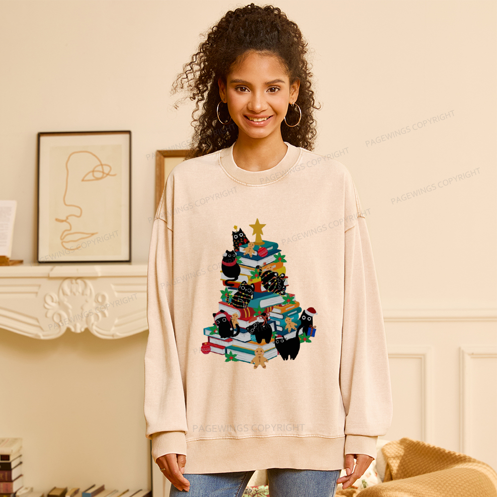Pagewings Cute Cats Books Christmas Tree Unisex Washed Sweatshirt