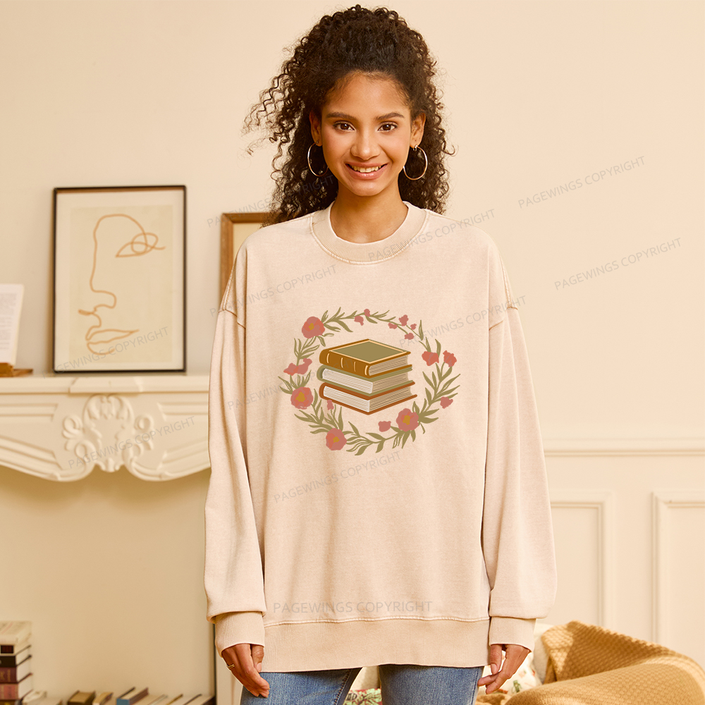 Pagewings Floral Book Lover Unisex Washed Sweatshirt