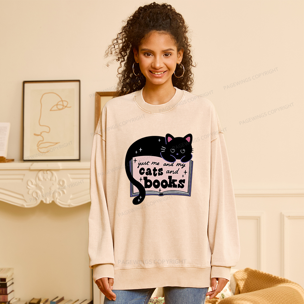 Pagewings Just me my Cats and Books Unisex Washed Sweatshirt