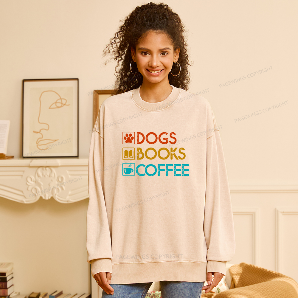 Pagewings Dogs Books Coffee Unisex Washed Sweatshirt