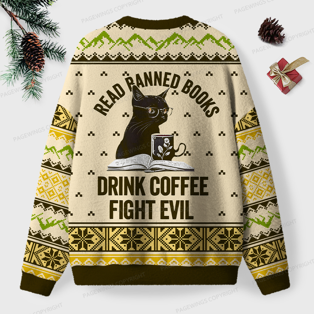 Pagewings Read Banned Books Drink Coffee Fight Evil Unisex Ugly Knit Sweatshirt