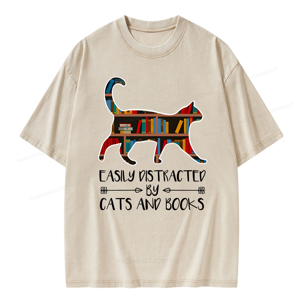 Pagewings Funny Cat Book Lover Easily Distracted By Cats And T-Shirt  Unisex Washed T-shirt