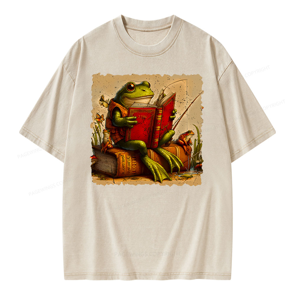 Pagewings Toad Fishing Book Reading Book Unisex Washed T-shirt
