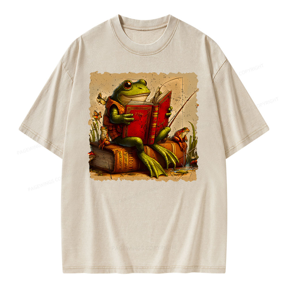 Pagewings Toad Fishing Book Reading Book Unisex Washed T-shirt