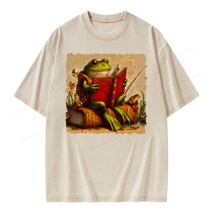 Pagewings Toad Fishing Book Reading Book Unisex Washed T-shirt