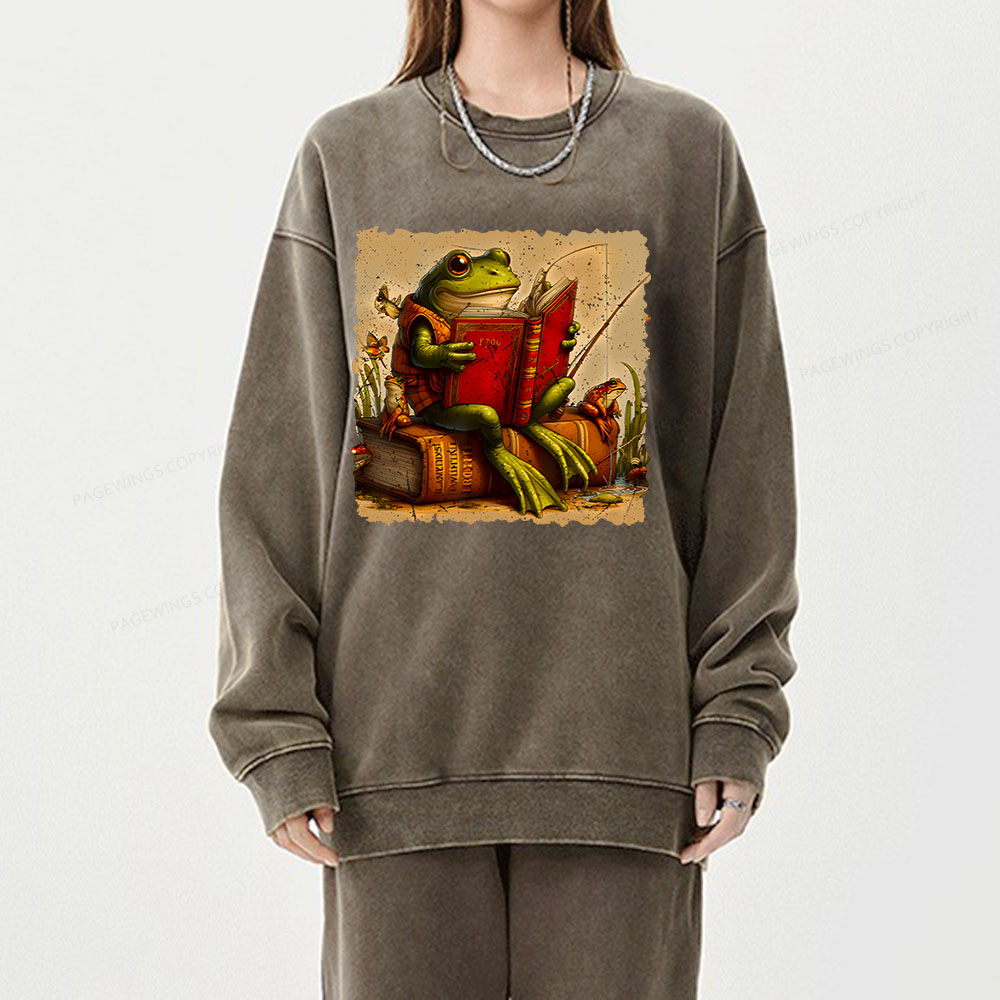 Pagewings Toad Fishing Book Reading Book Unisex Washed Sweatshirt