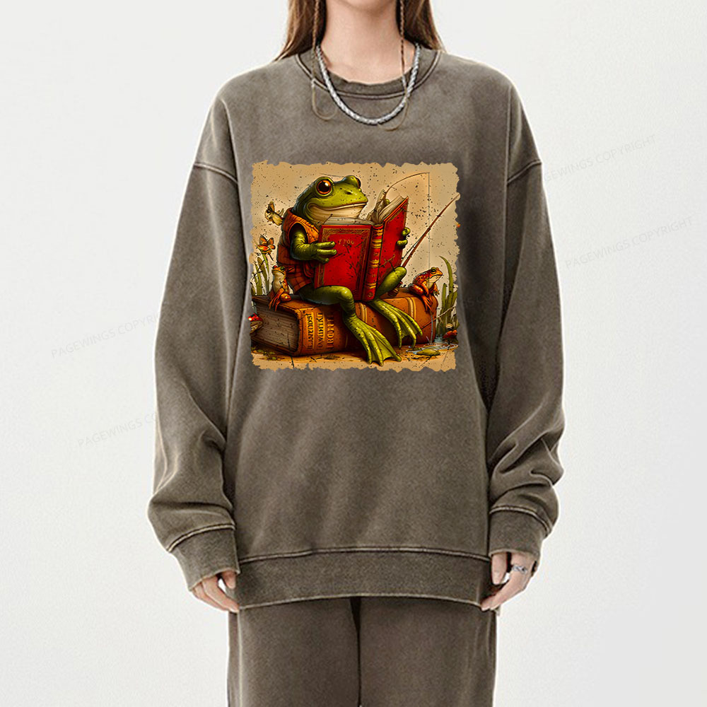 Pagewings Toad Fishing Book Reading Book Unisex Washed Sweatshirt