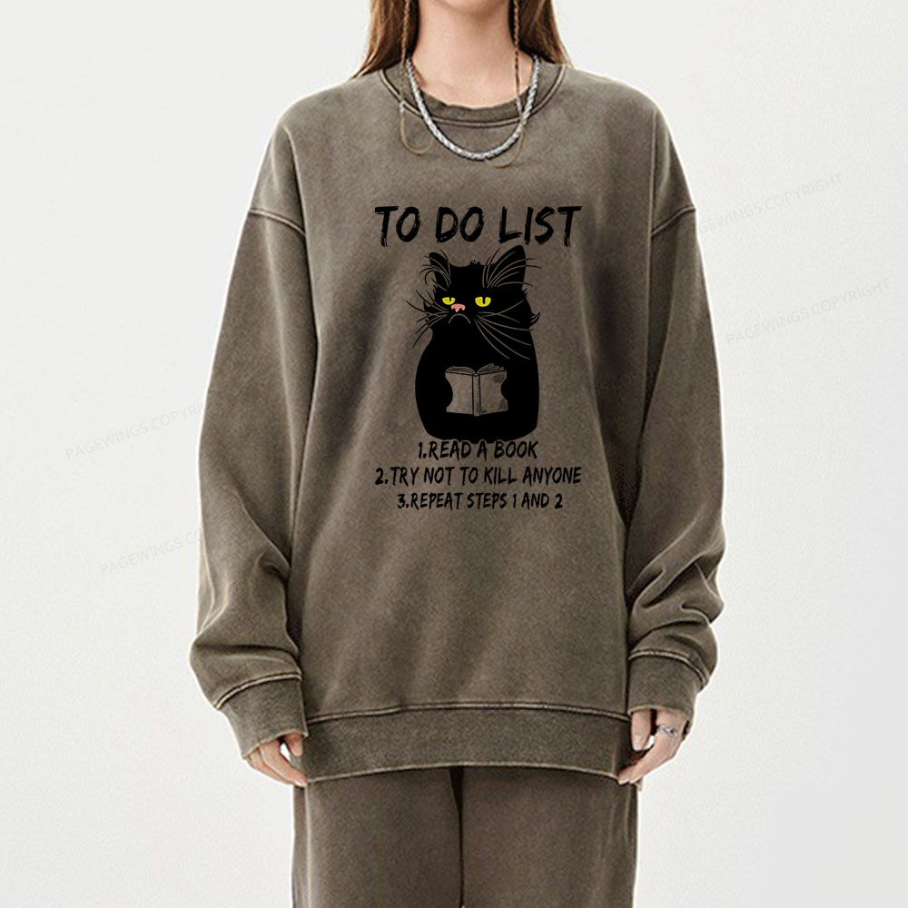 Pagewings Black Cat To Do List Unisex Washed Sweatshirt