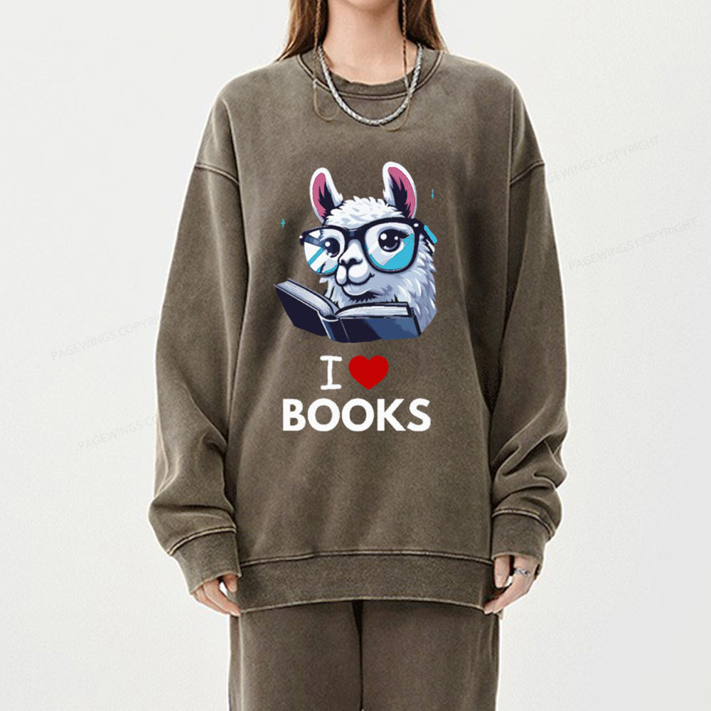 Pagewings  love Books Lama Reading Gift on Women’s Unisex Washed Sweatshirt