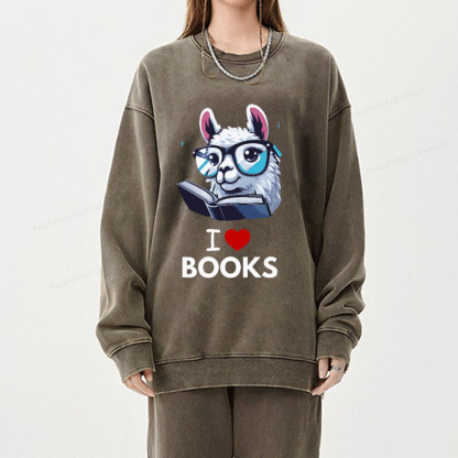 Pagewings  love Books Lama Reading Gift on Women’s Unisex Washed Sweatshirt