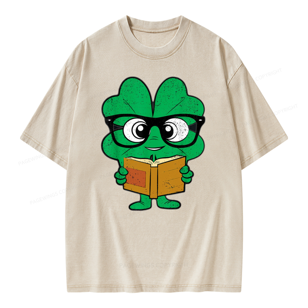 Pagewing Shamrock Reading Books St Patricks Day Unisex Washed T-shirt