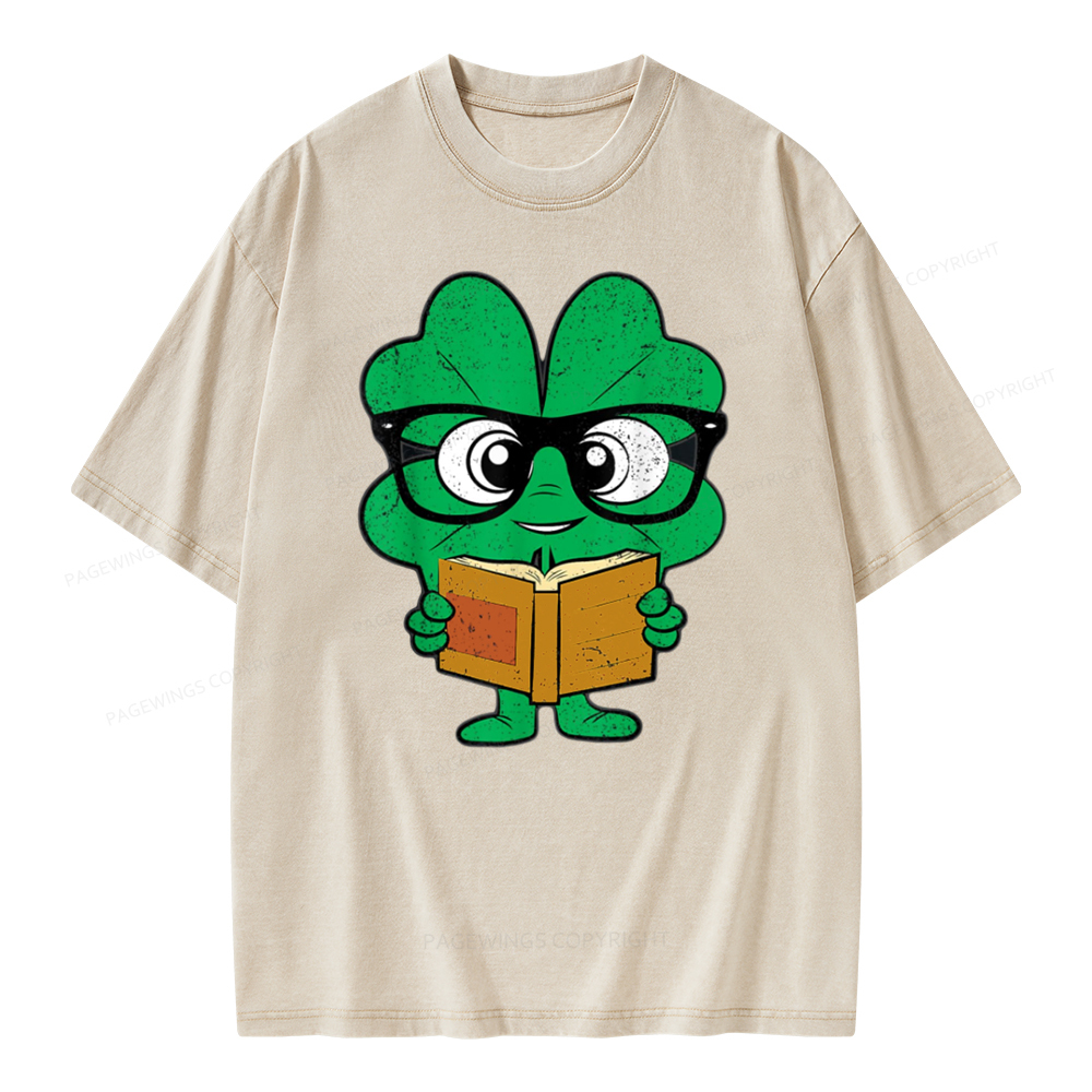 Pagewing Shamrock Reading Books St Patricks Day Unisex Washed T-shirt