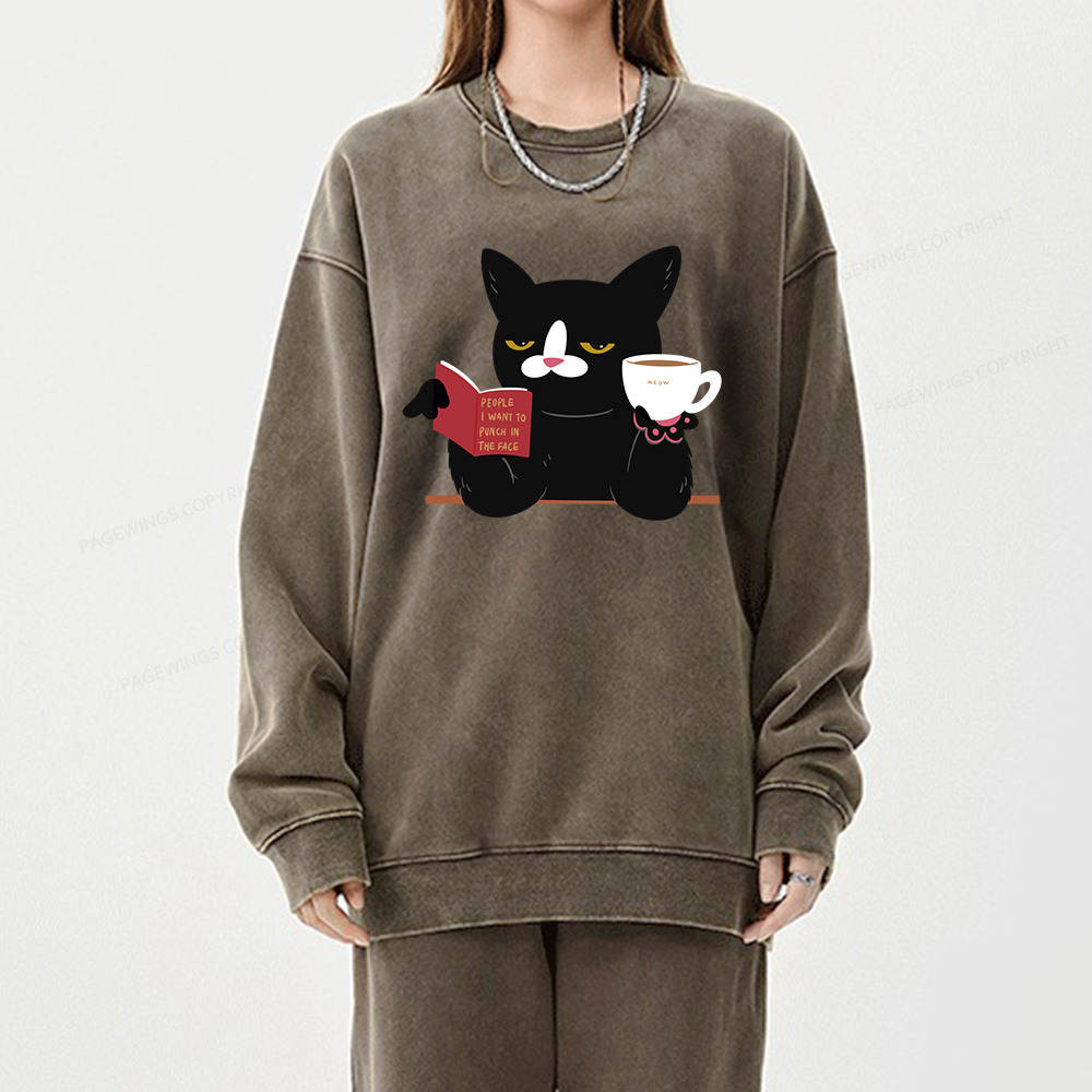 Pagewings A Cat Reading A Book While Drinking Coffee  Unisex Washed Sweatshirt