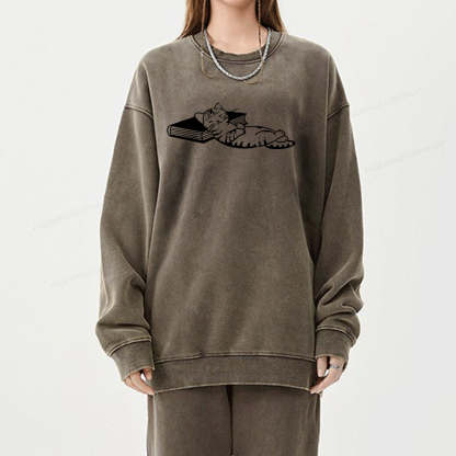 Pagewings A Cat Sleeping On The Book Unisex Washed Sweatshirt