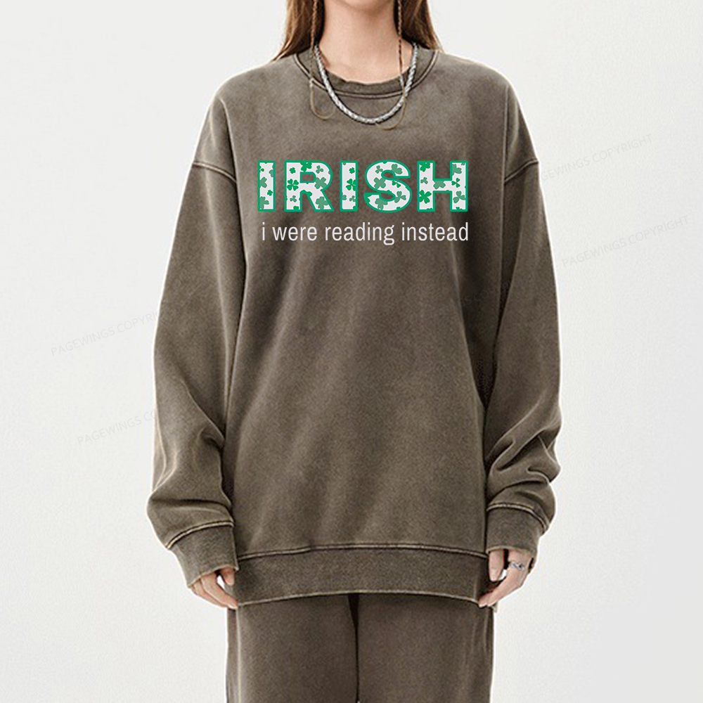 Pagewings St Patrick's Day Reading Teacher t Shirt Unisex Washed Sweatshirt
