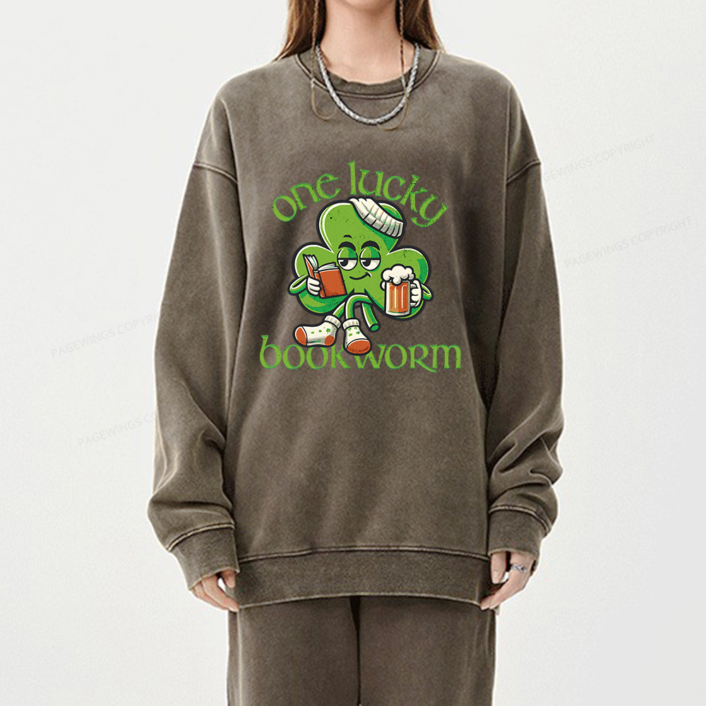 Pagewings  Lucky Book worm Shirt St. Patrick Day outfit Unisex Washed Sweatshirt