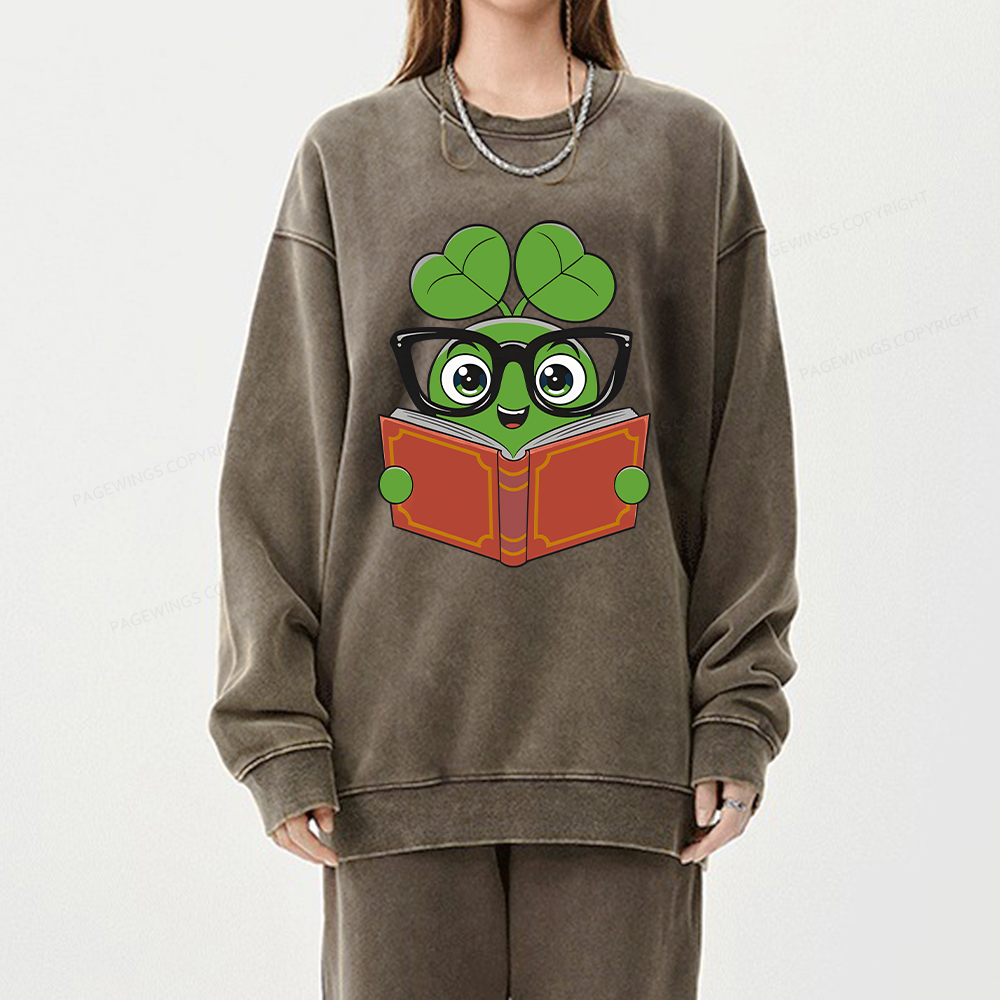  Pagewings Cute Reading Clover Tee Lucky Bookworm T-Shirt Unisex Washed Sweatshirt