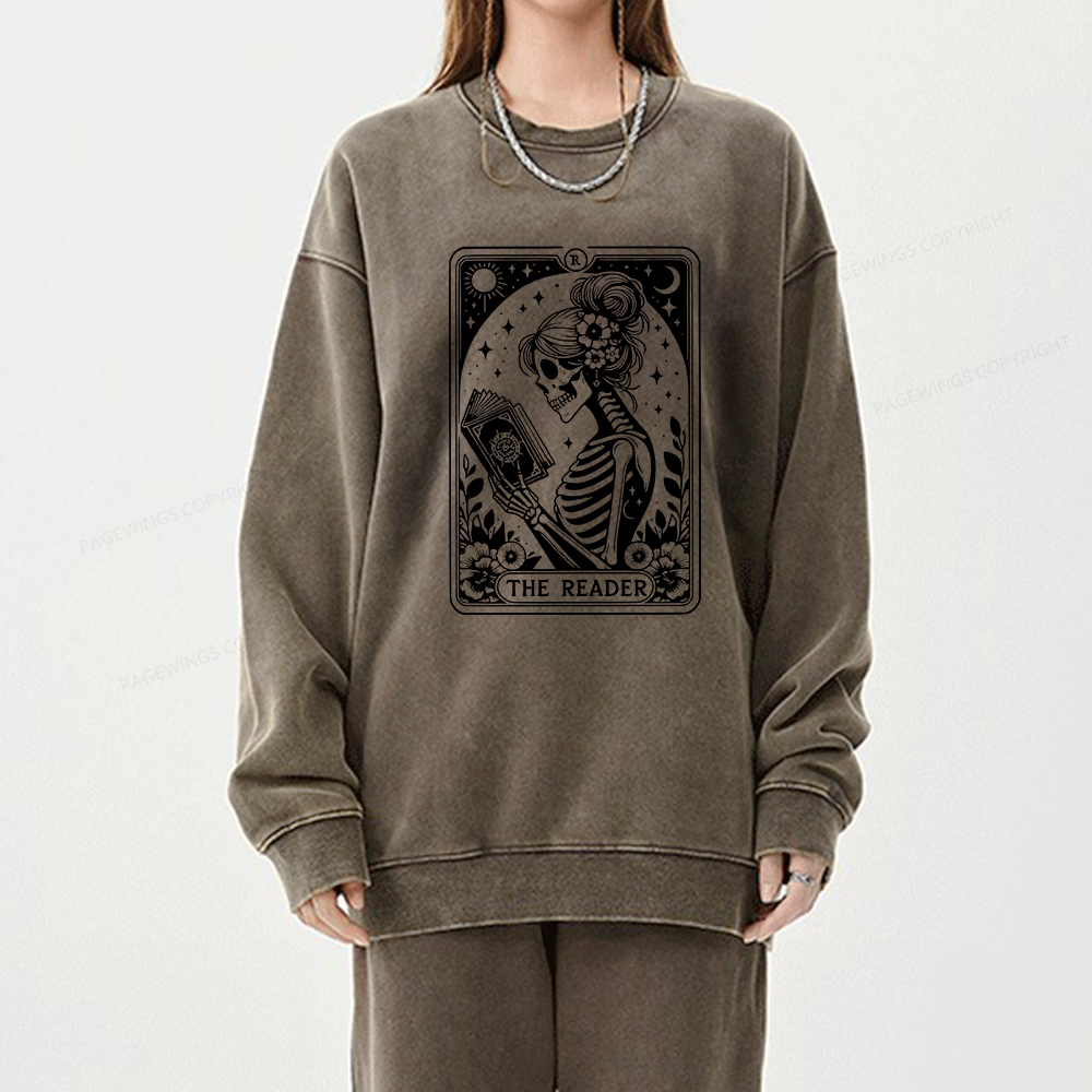 Pagewings Tarot Lover Gift Halloween Skeleton Tee Unisex Washed Sweatshirt