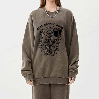 Pagewings Read Banned Books Skeleton Halloween Goth Protest T-Shirt Unisex Washed Sweatshirt