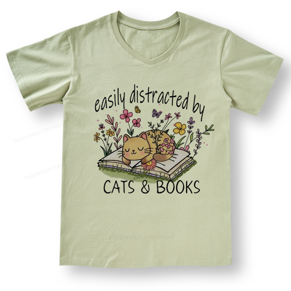 Pagewings Easily Distracted By Cats And Books V-neck T-shirt