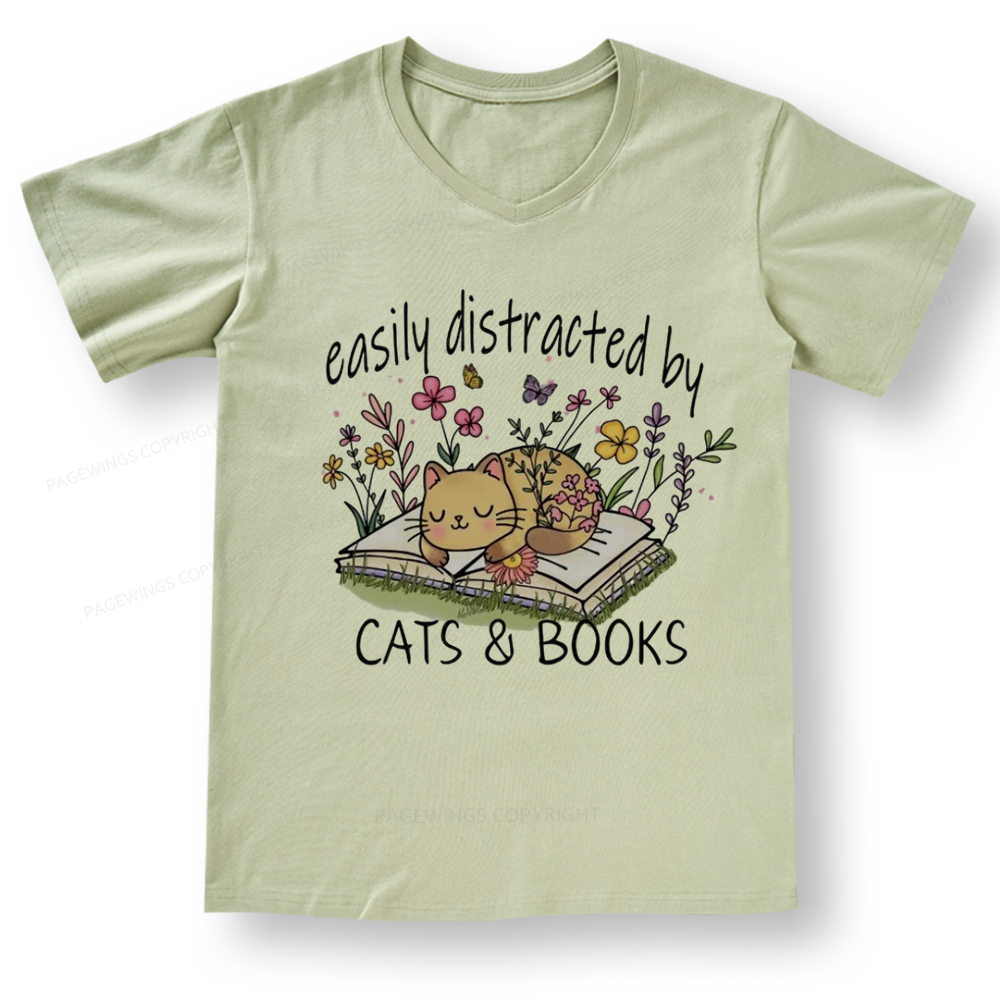 Pagewings Easily Distracted By Cats And Books V-neck T-shirt