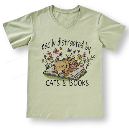 Pagewings Easily Distracted By Cats And Books V-neck T-shirt