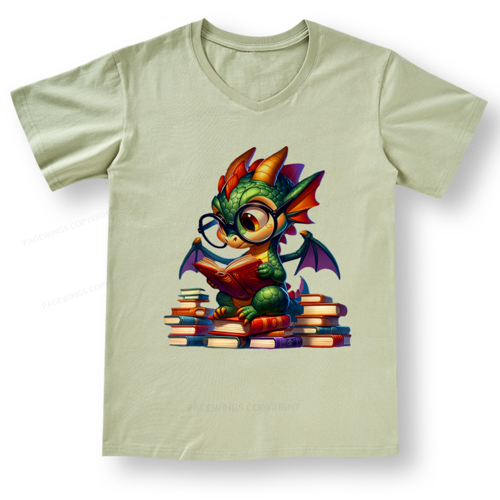 Pagewings Dragon And Books V-neck T-shirt