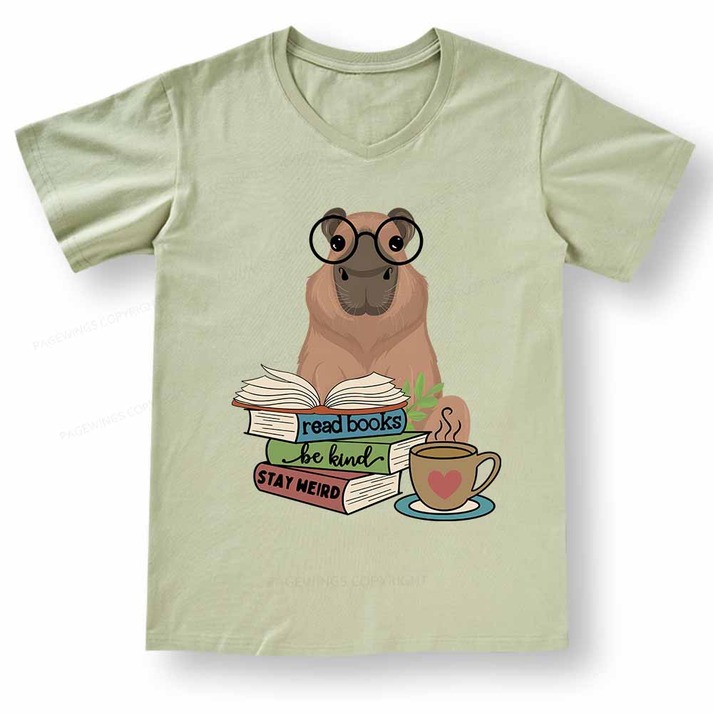 Pagewings Capybara Reading V-neck T-shirt