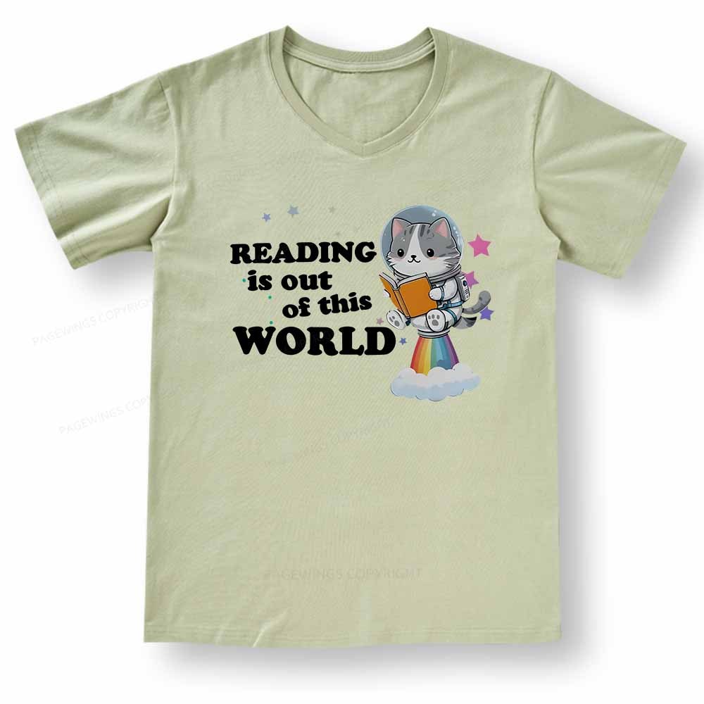 Pagewings Cat Reading in Space V-neck T-shirt