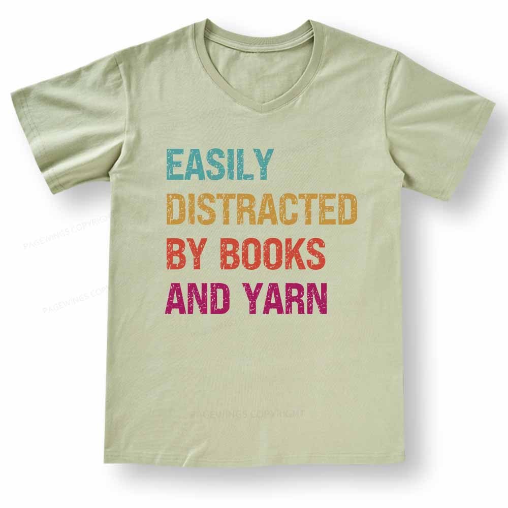 Pagewings Easily Distracted By Books And Yarn V-neck T-shirt