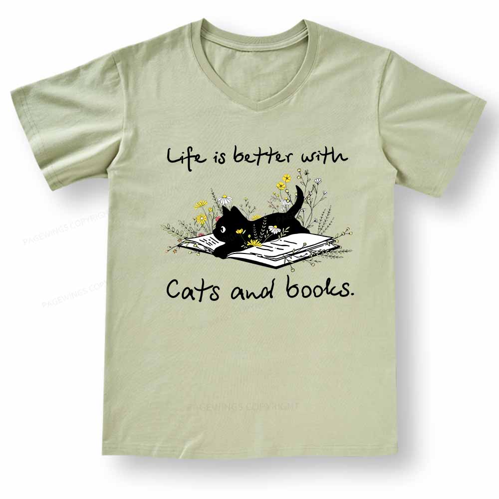 Pagewings Life Is Better With Cats And Books V-neck T-shirt