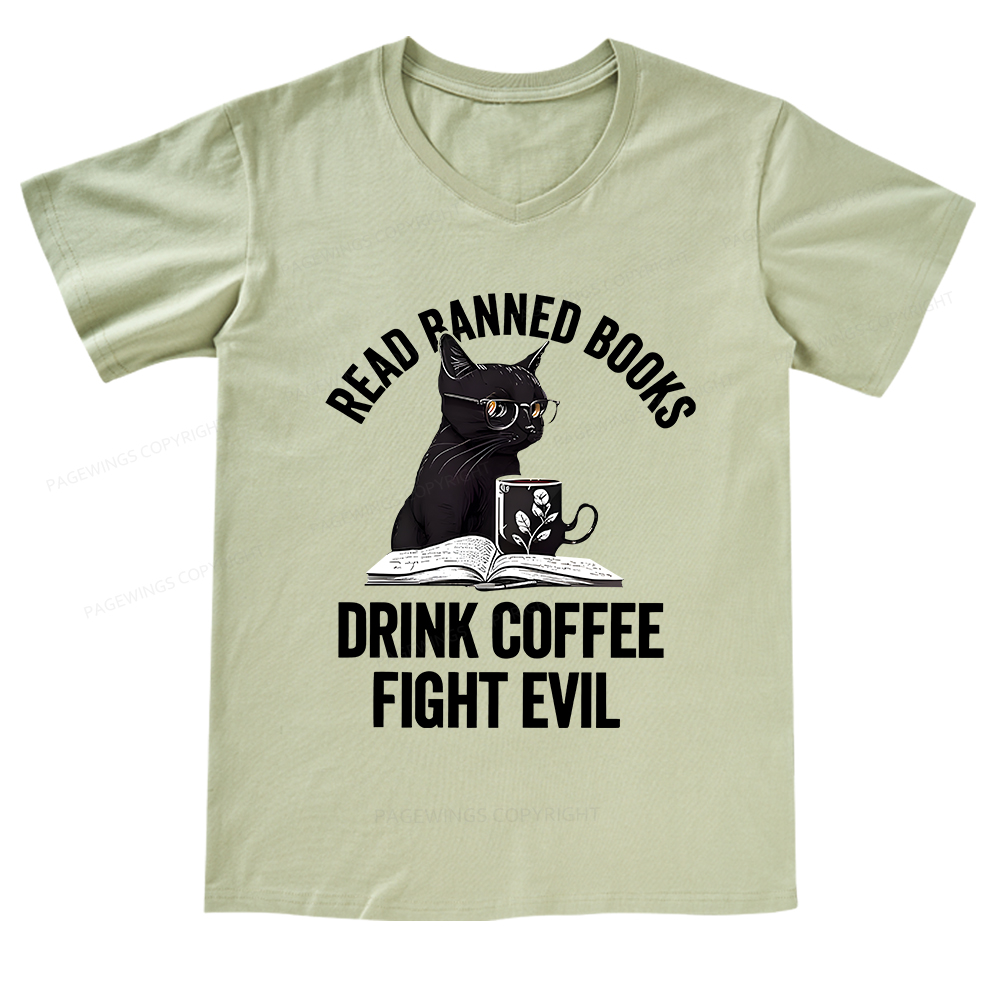 Pagewings Read Books Drink Coffee Fight Evil Shirt V-neck T-shirt