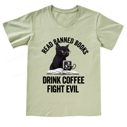 Pagewings Read Books Drink Coffee Fight Evil Shirt V-neck T-shirt