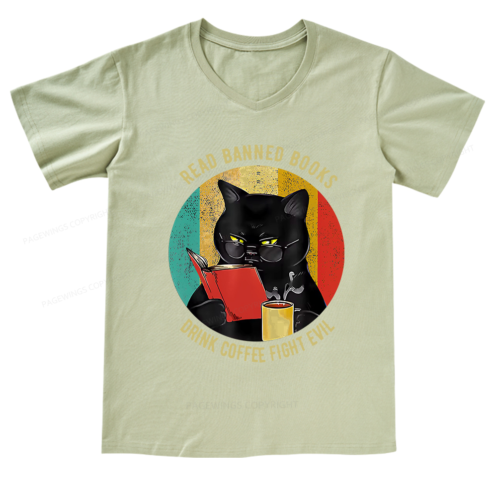Pagewings Read Banned Books Drink Coffee Fight Evil Retro Cat Lovers V-neck T-shirt