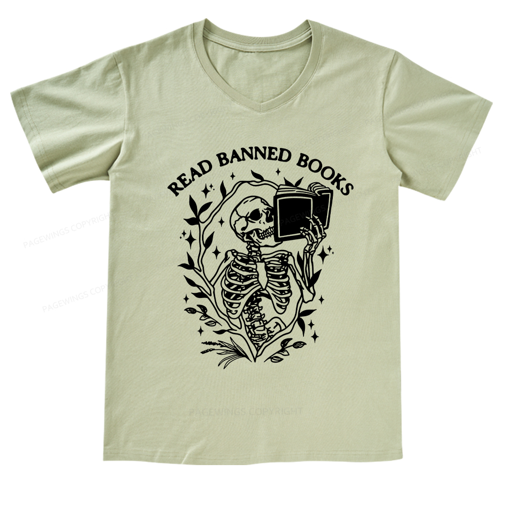 Pagewings Read Banned Books Skeleton Halloween Goth Protest T-Shirt V-neck T-shirt