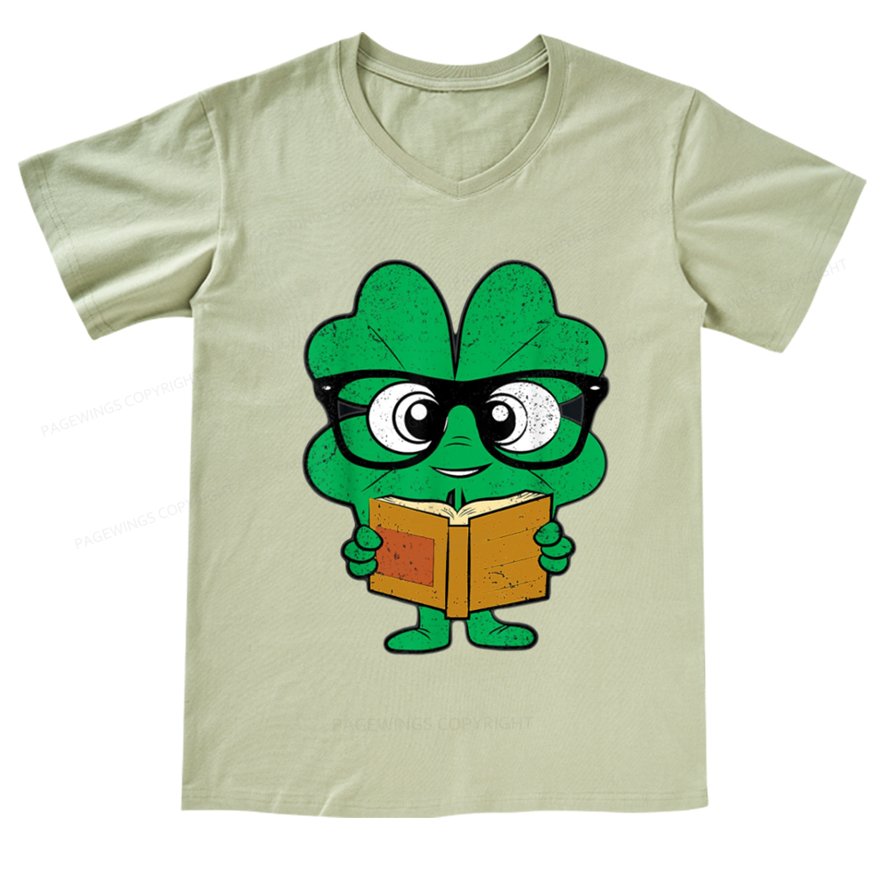 Pagewings Shamrock Reading Books St Patricks Day V-neck T-shirt