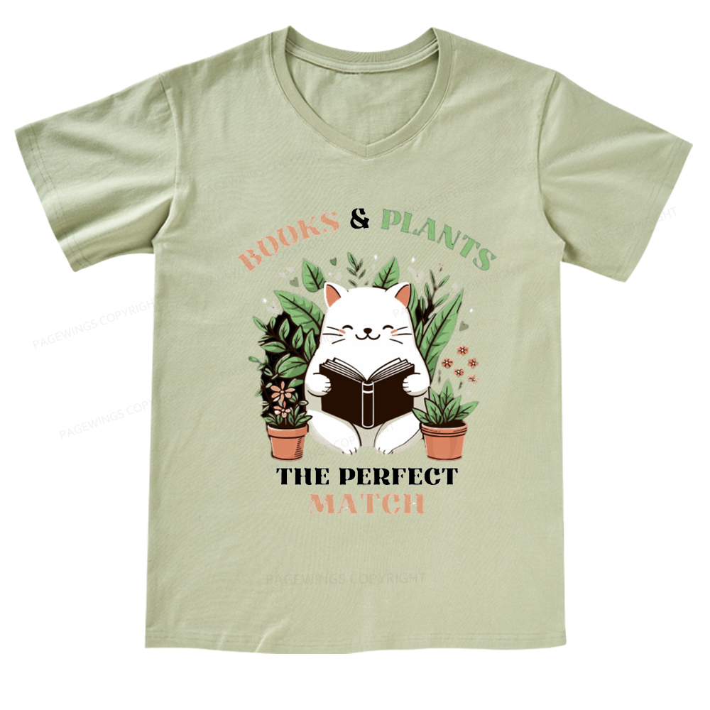 Pagewings Books And Plants The Perfect Match T-Shirt V-neck T-shirt
