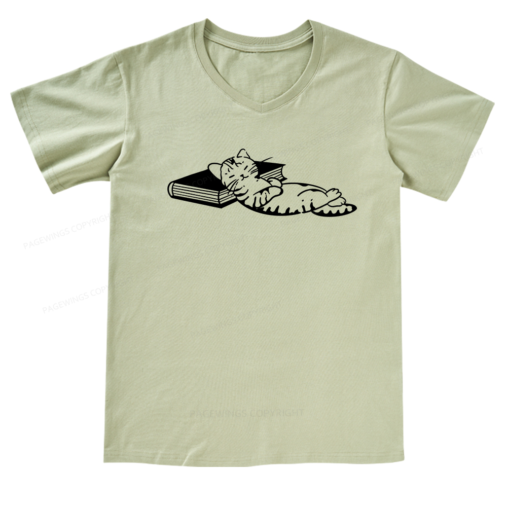 Pagewings A Cat Sleeping On The Book V-neck T-shirt