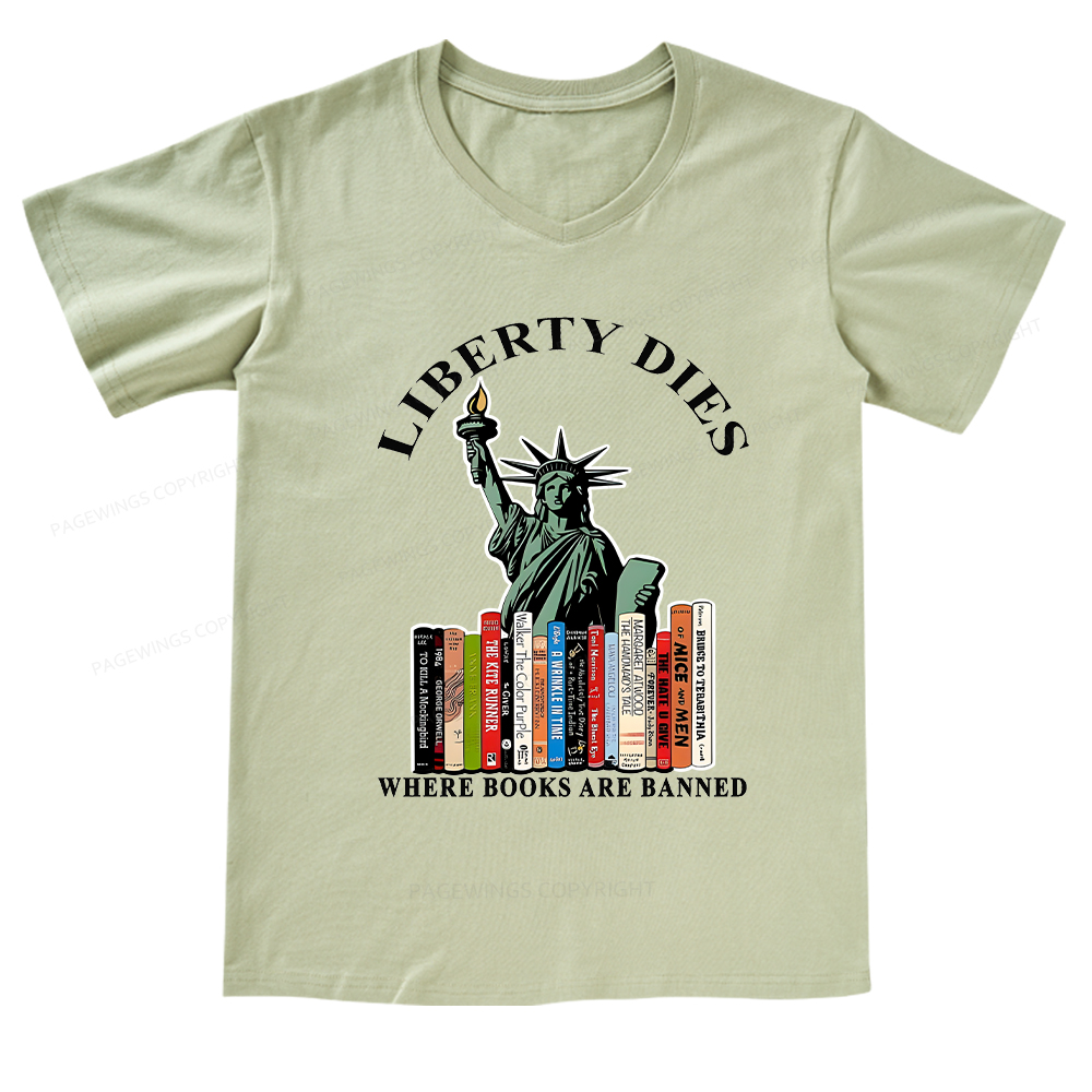Pagewings Liberty Dies Where Books Are Banned V-neck T-shirt
