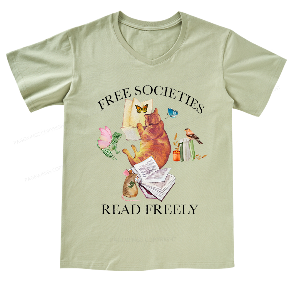 Pagewings Free societies read freely V-neck T-shirt