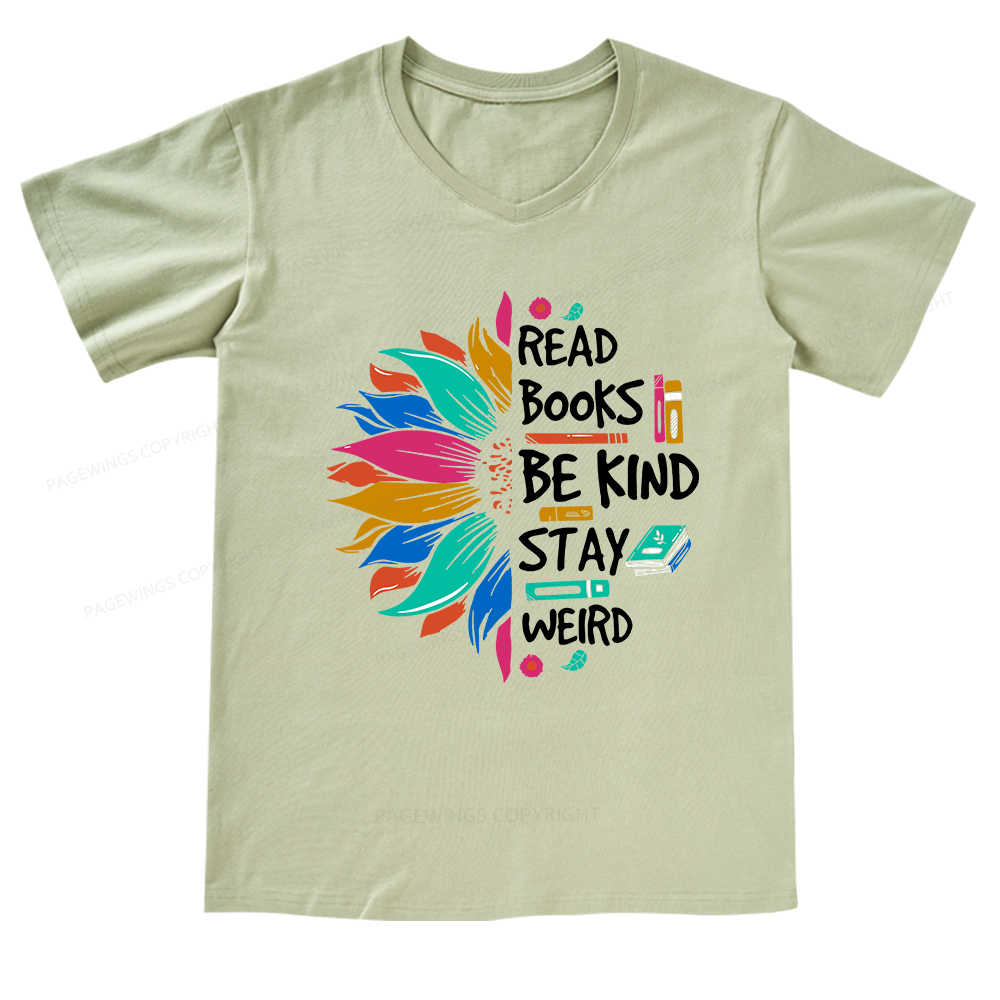 Pagewings Read Books Be Kind Stay Weird on Backpack V-neck T-shirt