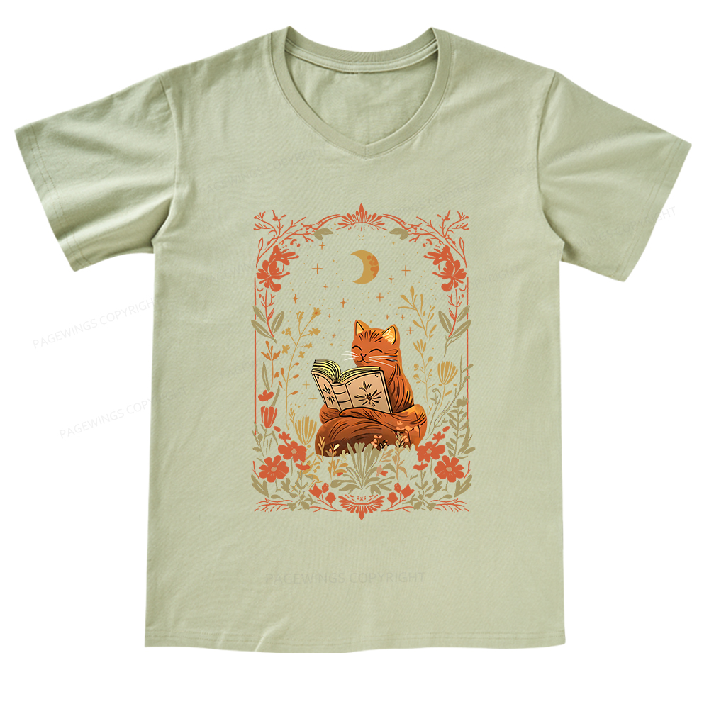 Pagewings Cat Wildflower Book Reading V-neck T-shirt