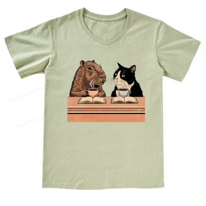 Pagewings Capybara and Tuxedo Cat Chilling with Coffee V-neck T-shirt