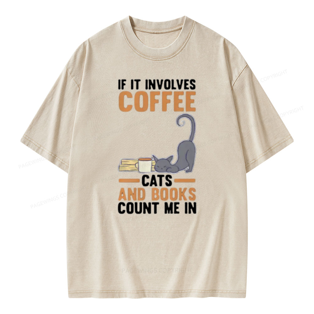 Pagewings Cats Reading Books Coffee T Shirts Unisex Washed T-shirt